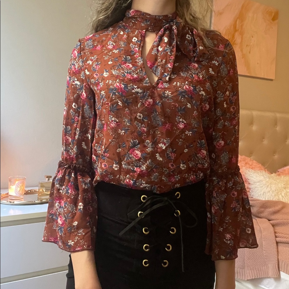 Floral Keyhole Bow Blouse
